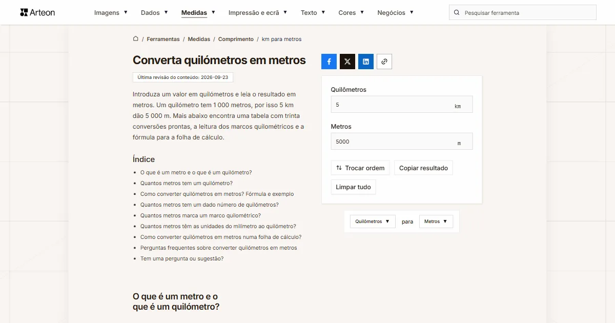 Captura de ecrã da ferramenta gratuita da Arteon: Converta quilómetros em metros