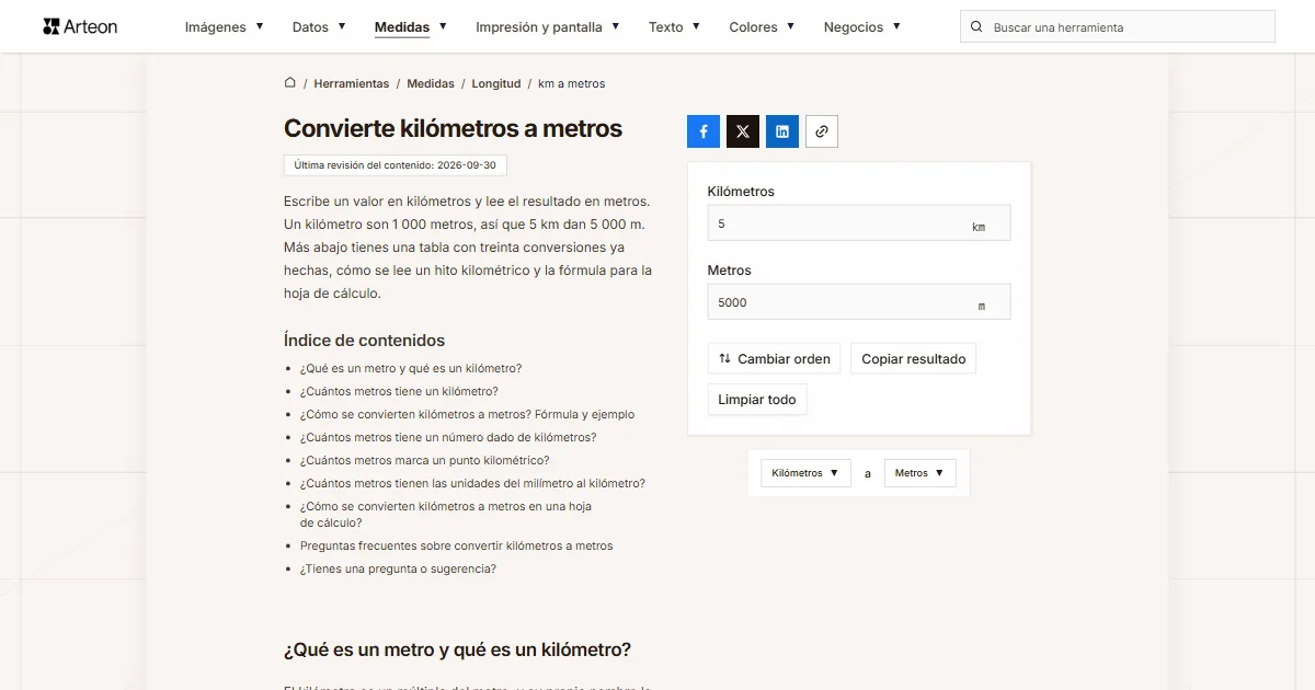 Captura de pantalla de la herramienta gratuita de Arteon: Convierte kilómetros a metros