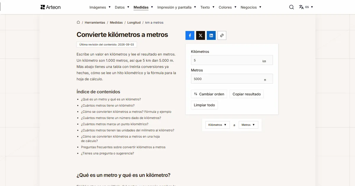 Captura de pantalla de la herramienta gratuita de Arteon: Convierte kilómetros a metros