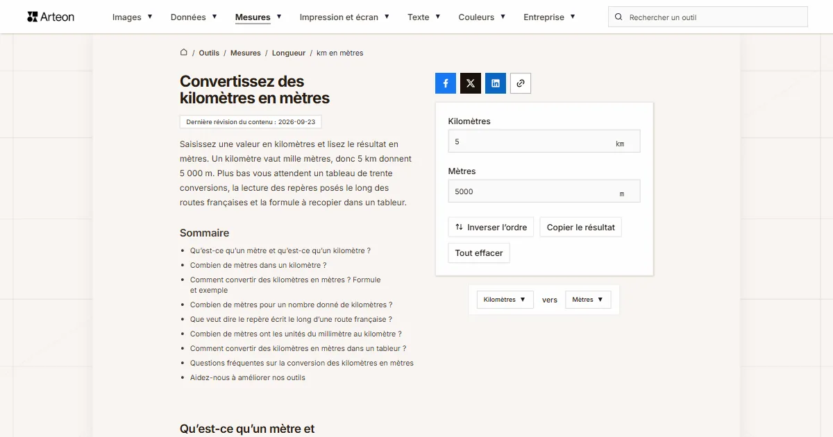 Capture d'écran de l'outil gratuit d'Arteon: Convertissez des kilomètres en mètres