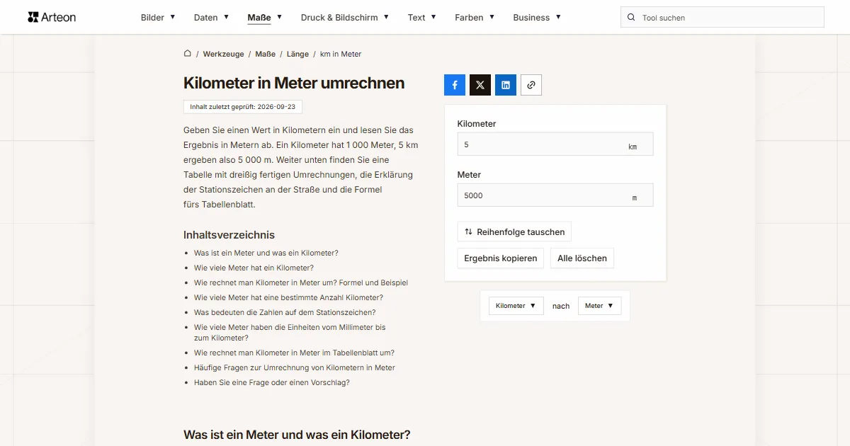 Screenshot des kostenlosen Arteon-Werkzeugs: Kilometer in Meter umrechnen