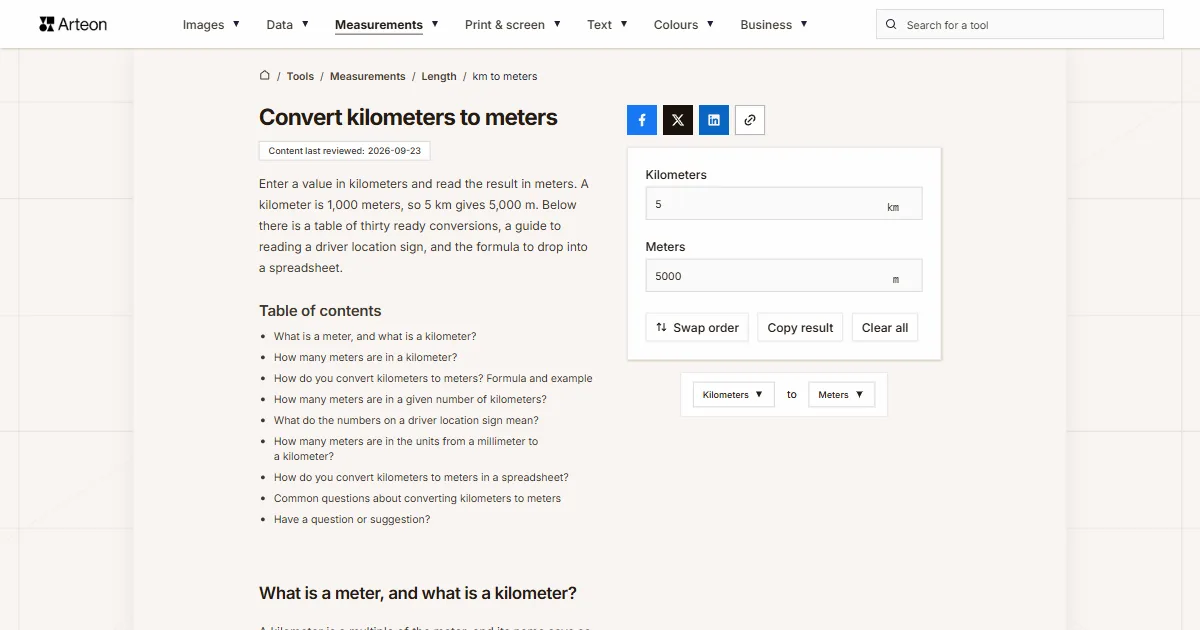 Arteon free tool screenshot: Convert kilometers to meters
