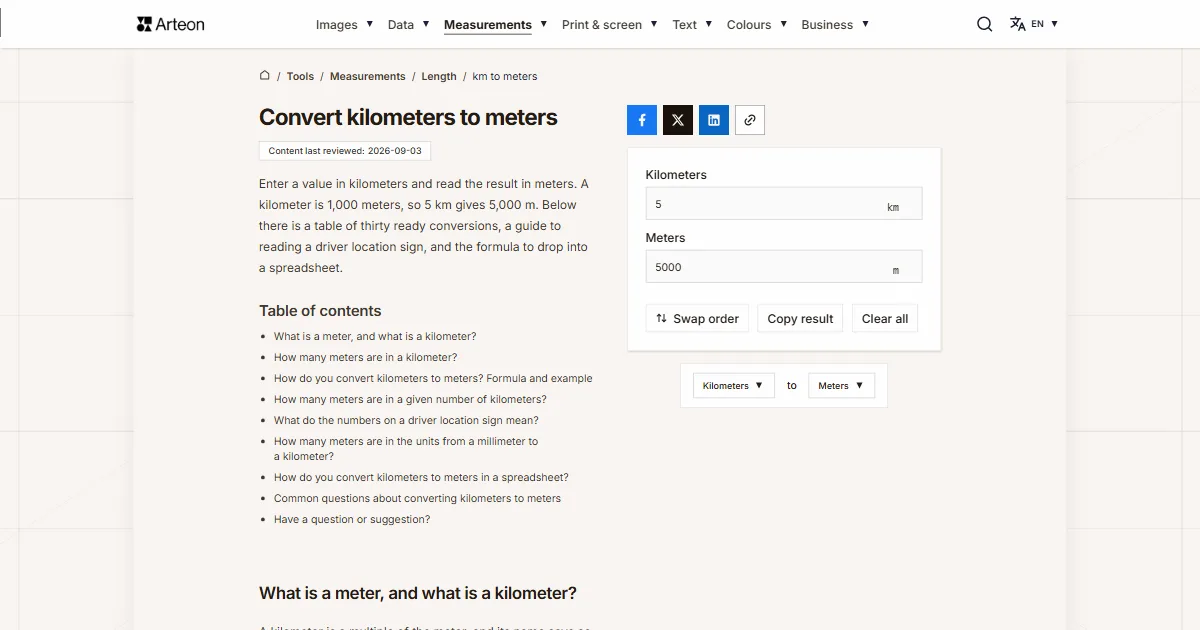 Arteon free tool screenshot: Convert kilometers to meters