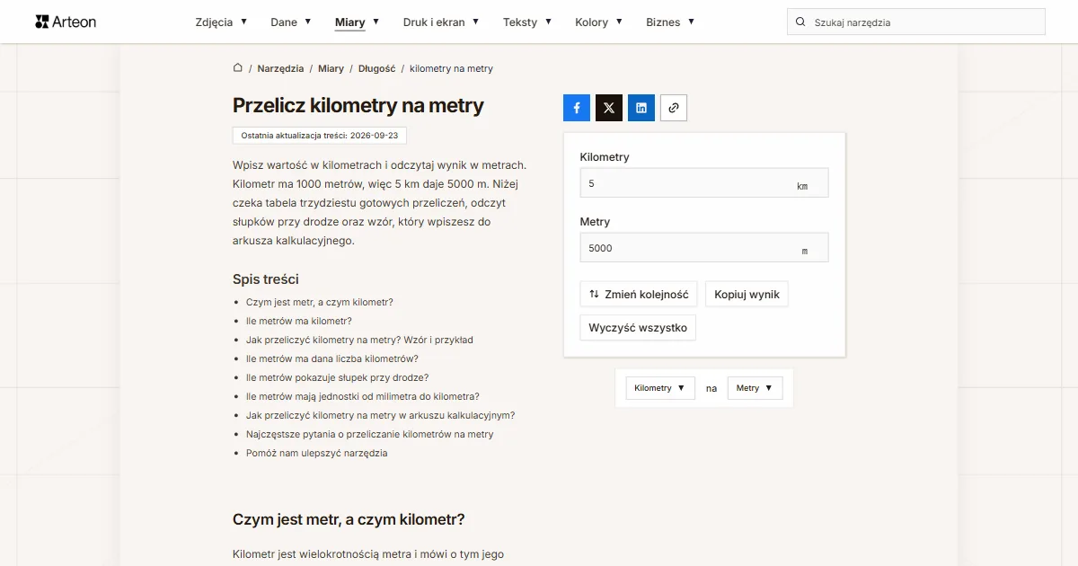 Zrzut ekranu darmowego narzędzia Arteon: Przelicz kilometry na metry