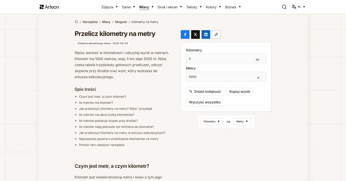 Zrzut ekranu darmowego narzędzia Arteon: Przelicz kilometry na metry
