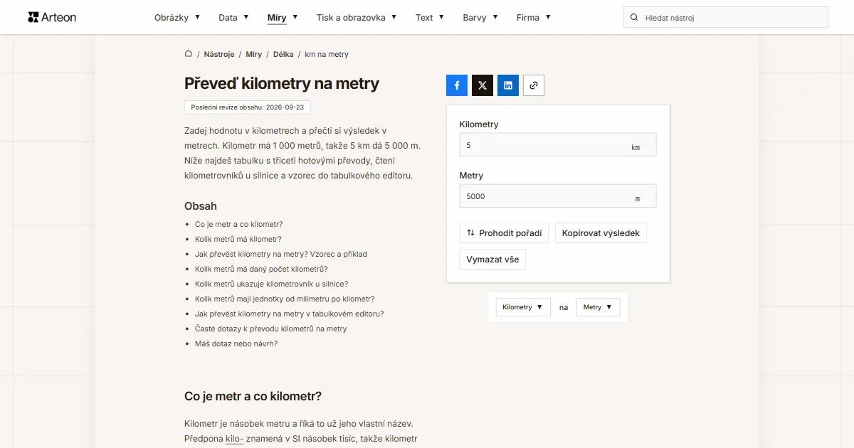 Snímek obrazovky bezplatného nástroje Arteon: Převeď kilometry na metry
