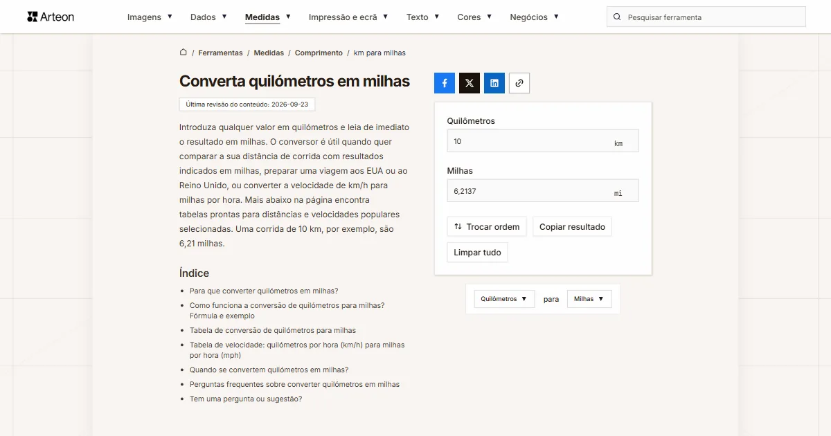 Captura de ecrã da ferramenta gratuita da Arteon: Converta quilómetros em milhas