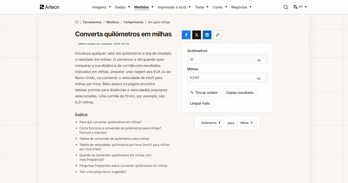 Captura de ecrã da ferramenta gratuita da Arteon: Converta quilómetros em milhas