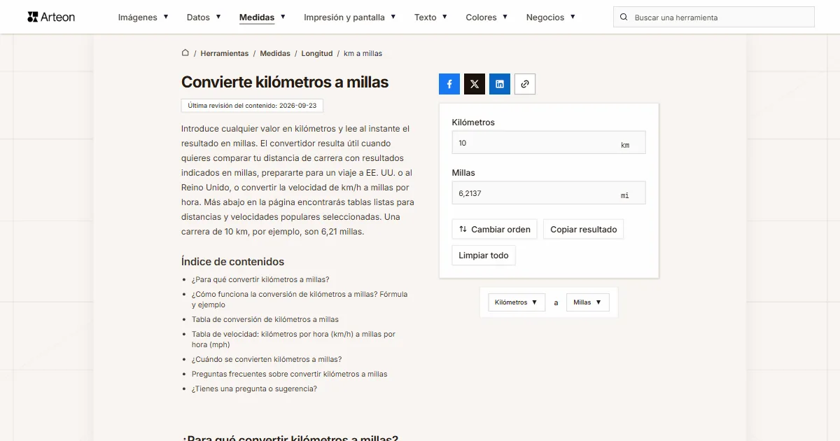 Captura de pantalla de la herramienta gratuita de Arteon: Convierte kilómetros a millas