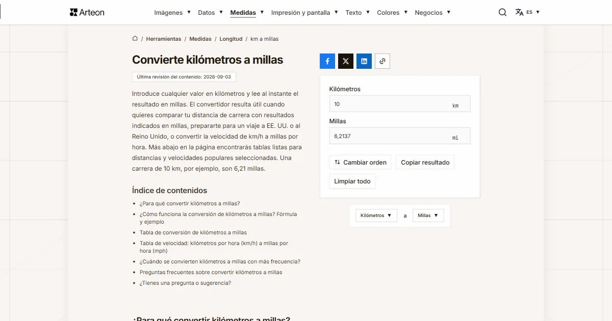 Captura de pantalla de la herramienta gratuita de Arteon: Convierte kilómetros a millas