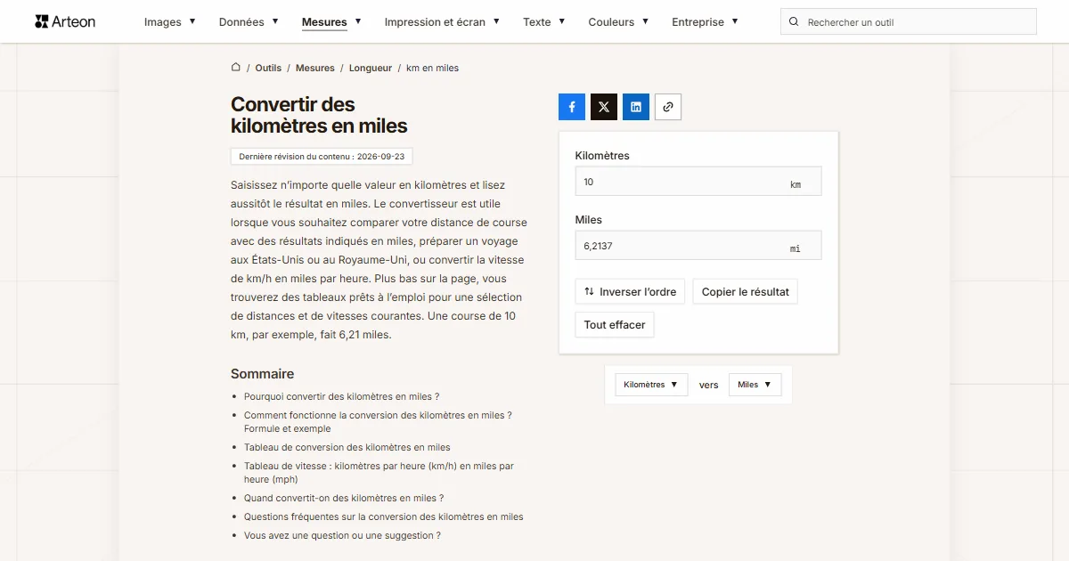 Capture d'écran de l'outil gratuit d'Arteon: Convertir des kilomètres en miles