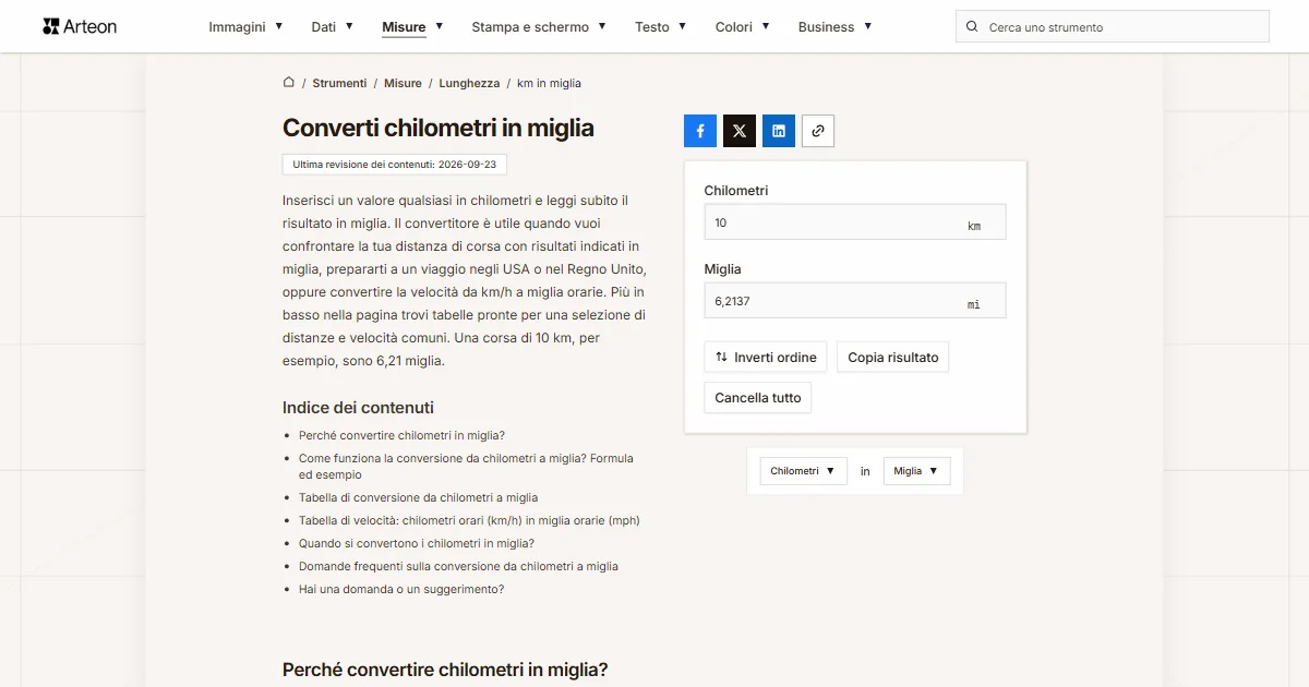 Screenshot dello strumento gratuito Arteon: Converti chilometri in miglia