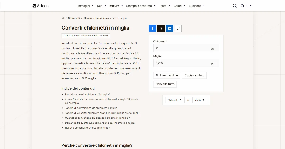 Screenshot dello strumento gratuito Arteon: Converti chilometri in miglia