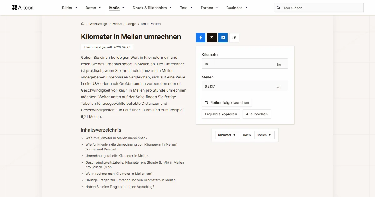 Screenshot des kostenlosen Arteon-Werkzeugs: Kilometer in Meilen umrechnen