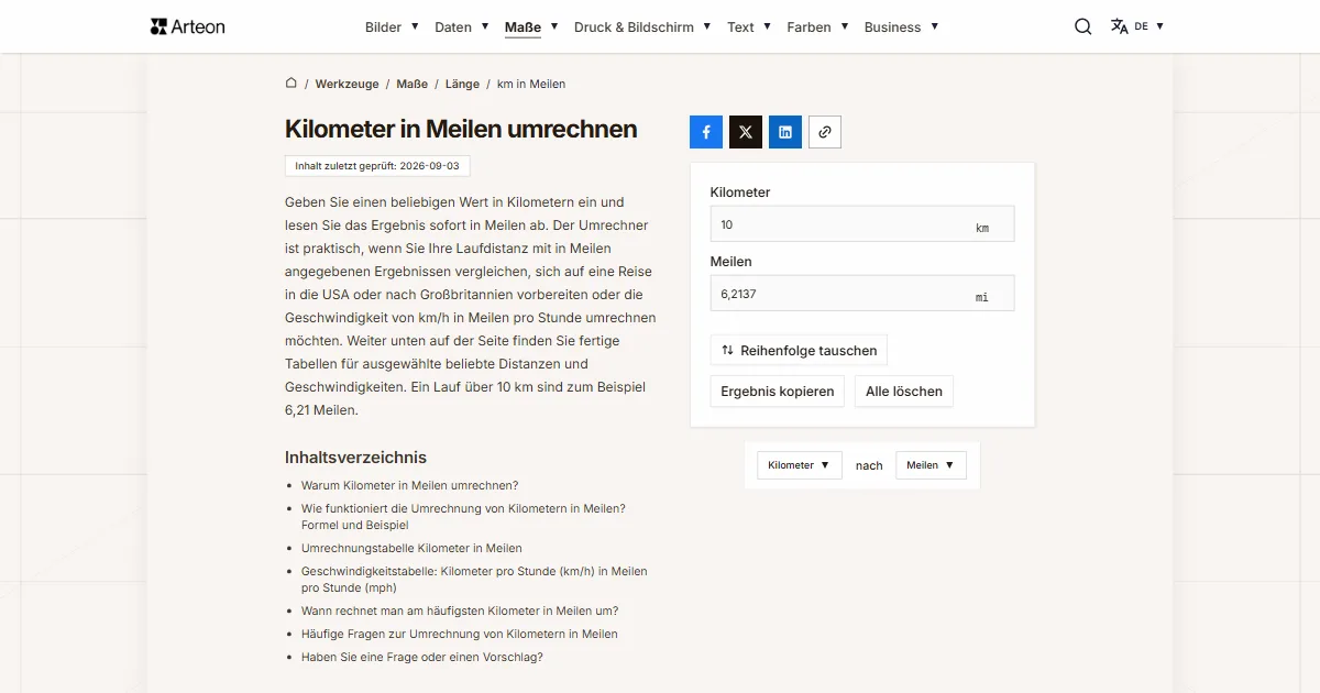 Screenshot des kostenlosen Arteon-Werkzeugs: Kilometer in Meilen umrechnen