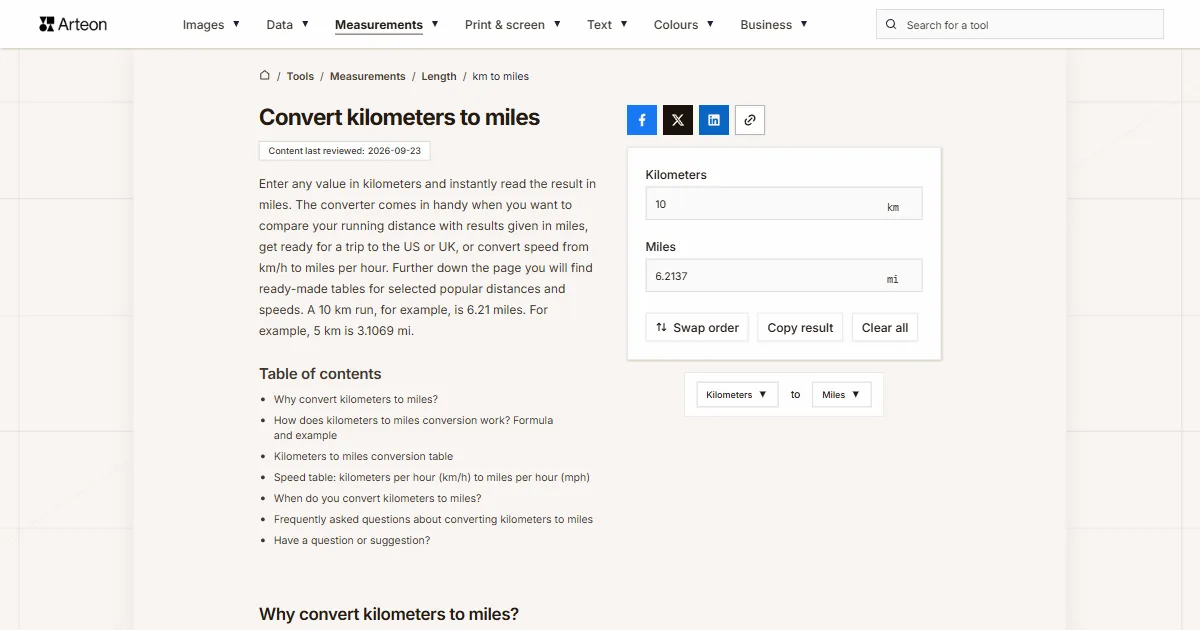 Arteon free tool screenshot: Convert kilometers to miles