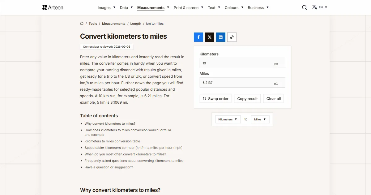 Arteon free tool screenshot: Convert kilometers to miles