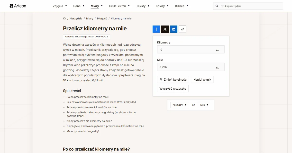 Zrzut ekranu darmowego narzędzia Arteon: Przelicz kilometry na mile