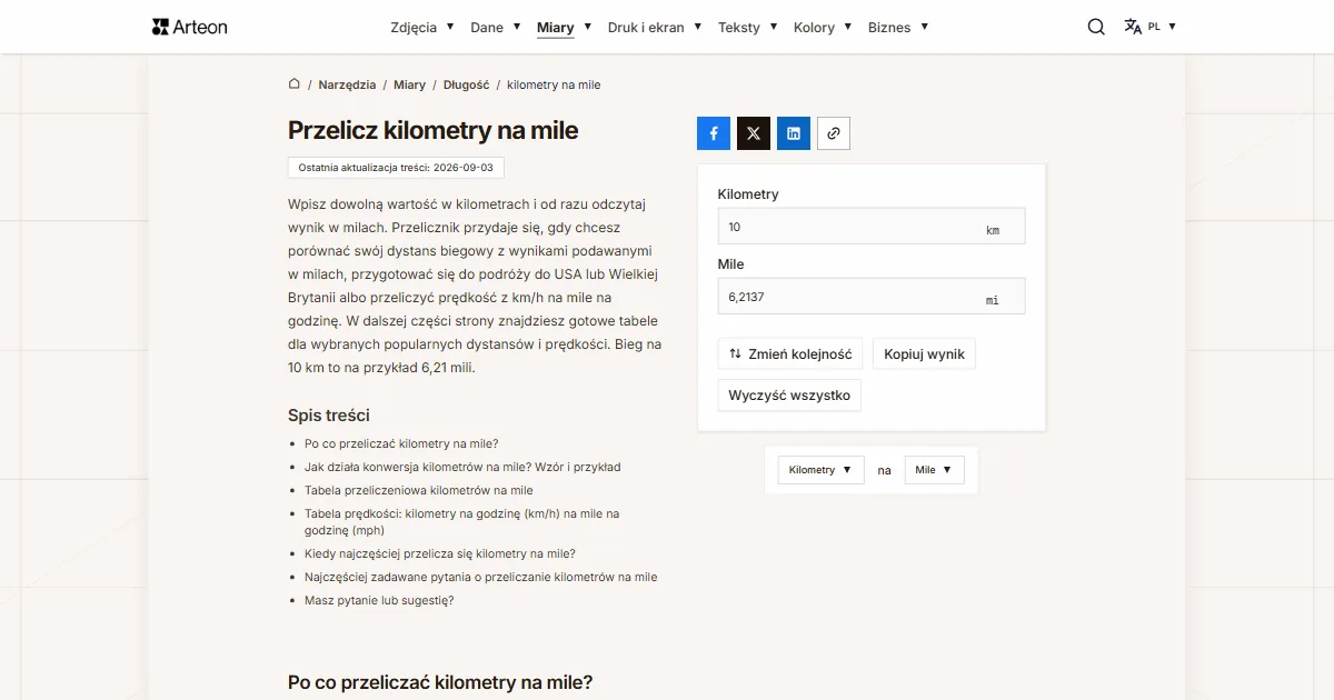Zrzut ekranu darmowego narzędzia Arteon: Przelicz kilometry na mile
