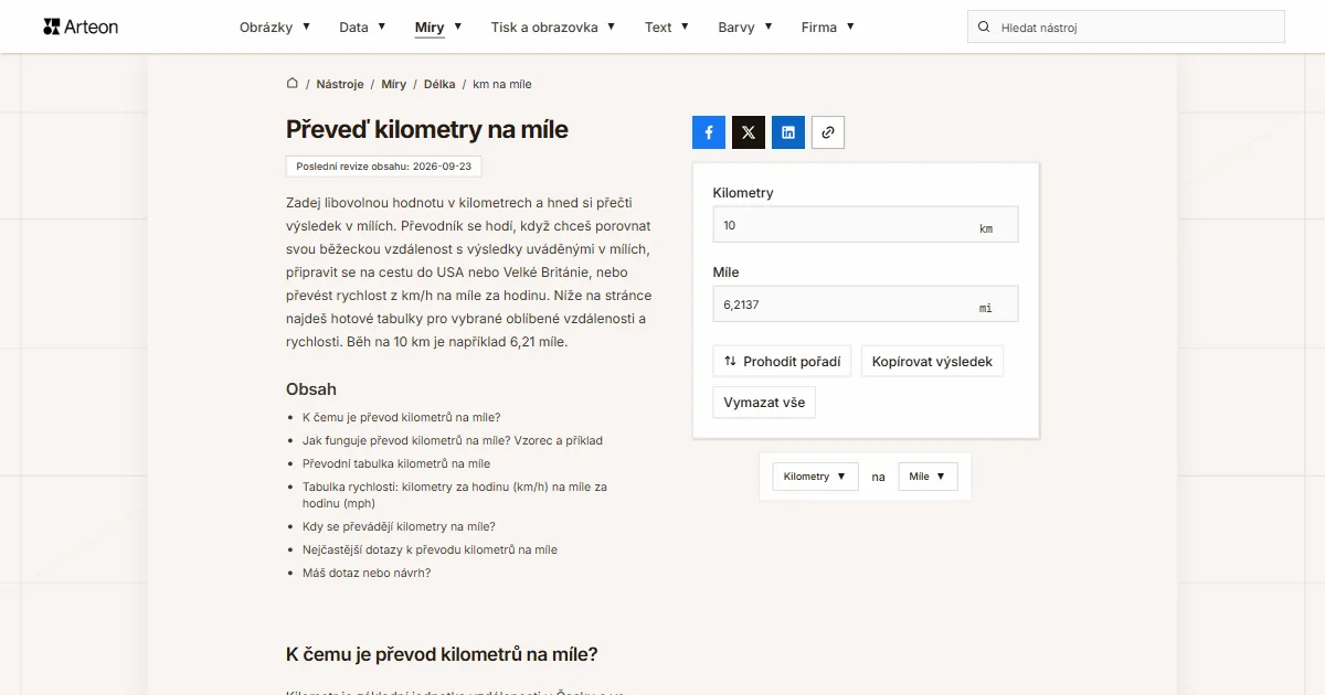 Snímek obrazovky bezplatného nástroje Arteon: Převeď kilometry na míle