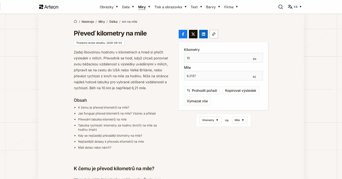 Snímek obrazovky bezplatného nástroje Arteon: Převeď kilometry na míle