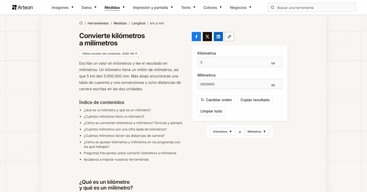 Captura de pantalla de la herramienta gratuita de Arteon: Convierte kilómetros a milímetros