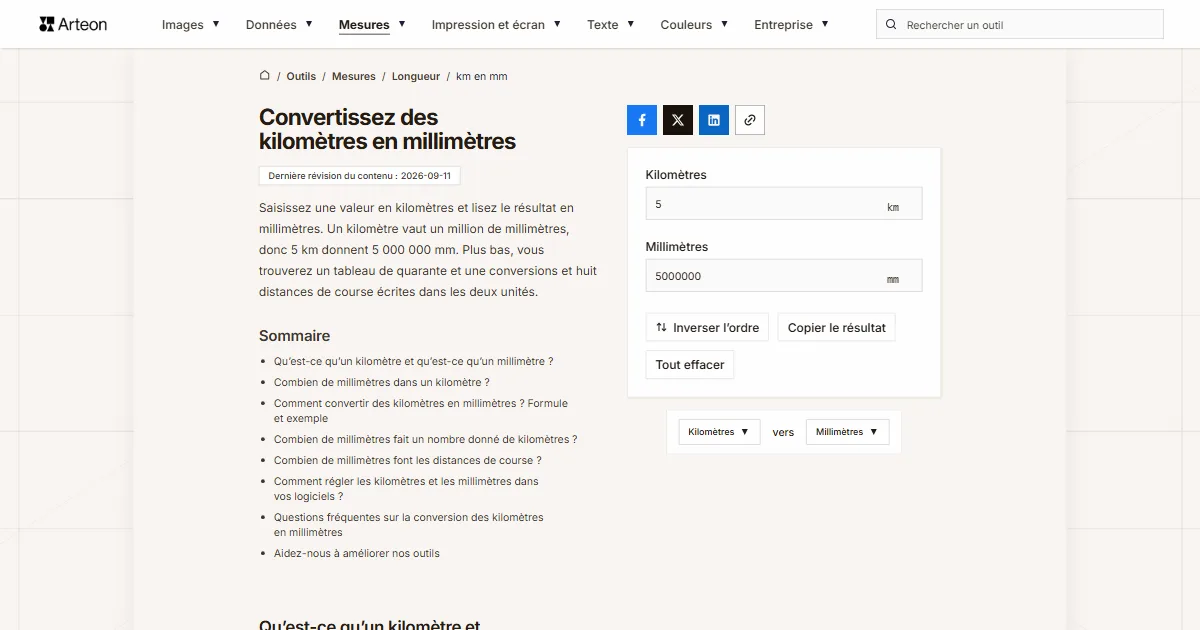Capture d'écran de l'outil gratuit d'Arteon: Convertissez des kilomètres en millimètres