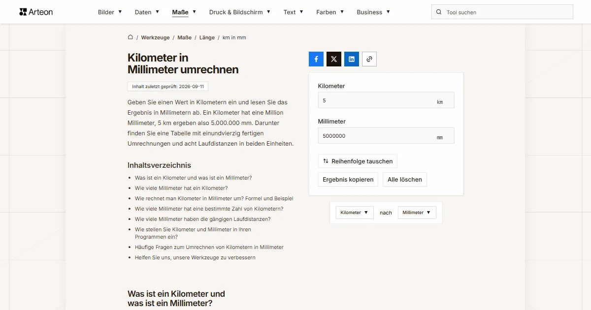 Screenshot des kostenlosen Arteon-Werkzeugs: Kilometer in Millimeter umrechnen