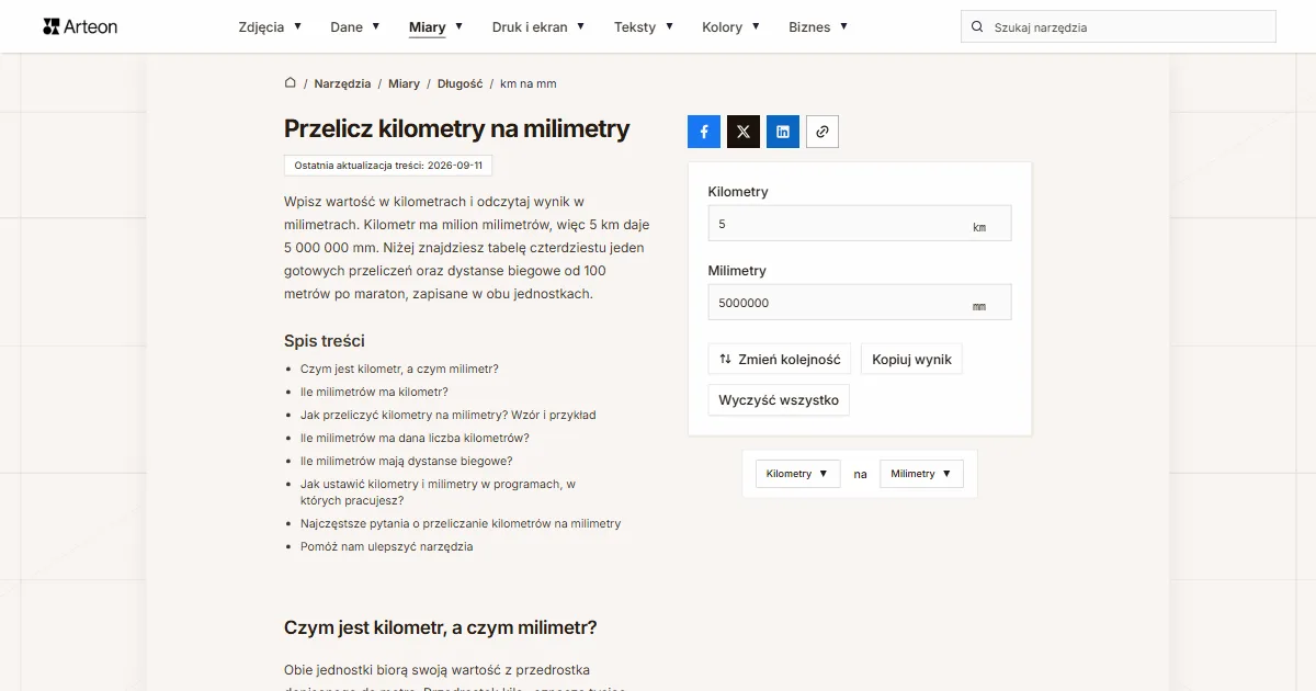Zrzut ekranu darmowego narzędzia Arteon: Przelicz kilometry na milimetry