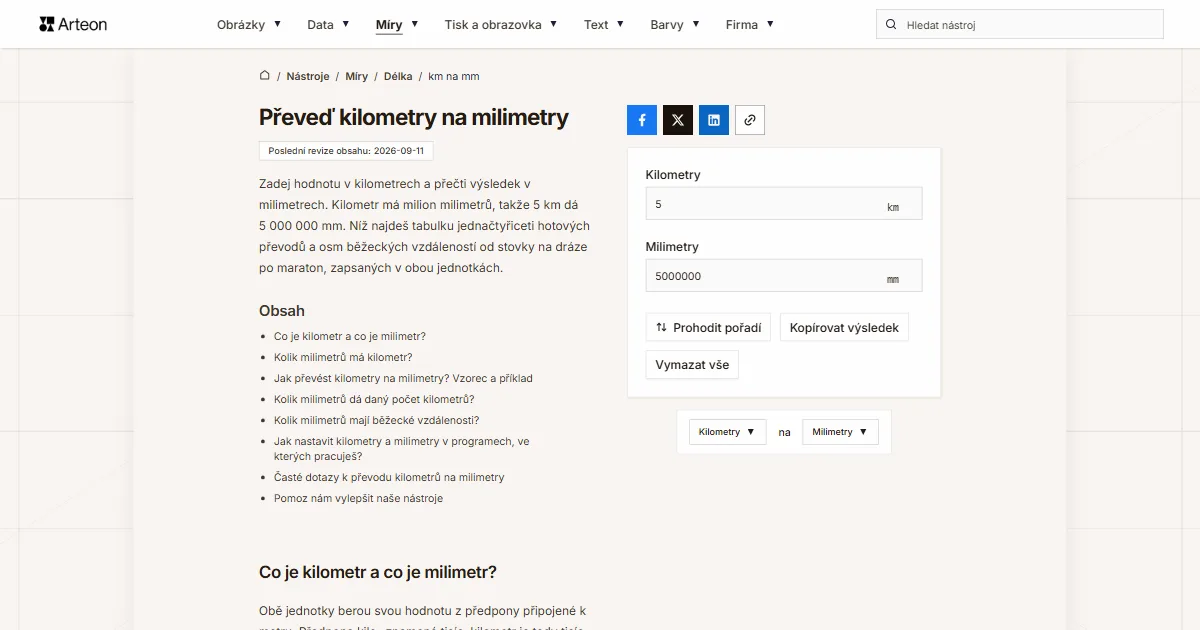 Snímek obrazovky bezplatného nástroje Arteon: Převeď kilometry na milimetry