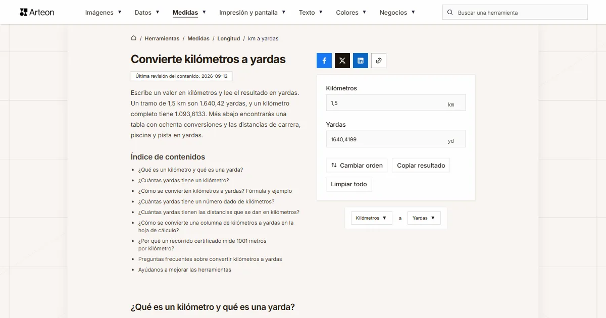 Captura de pantalla de la herramienta gratuita de Arteon: Convierte kilómetros a yardas