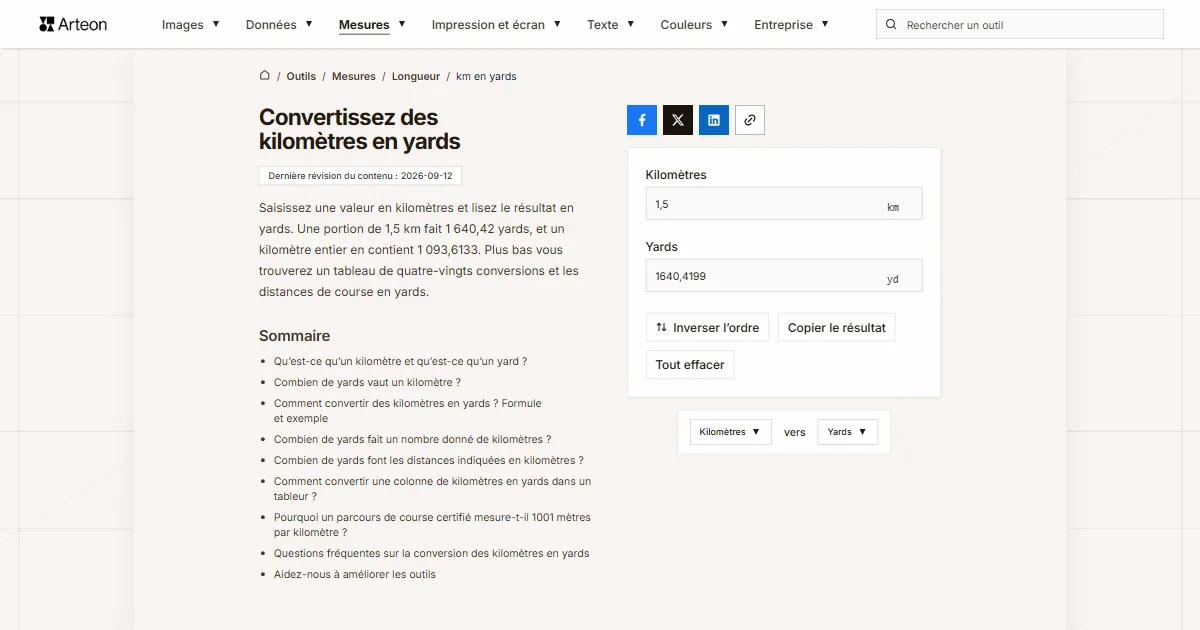 Capture d'écran de l'outil gratuit d'Arteon: Convertissez des kilomètres en yards