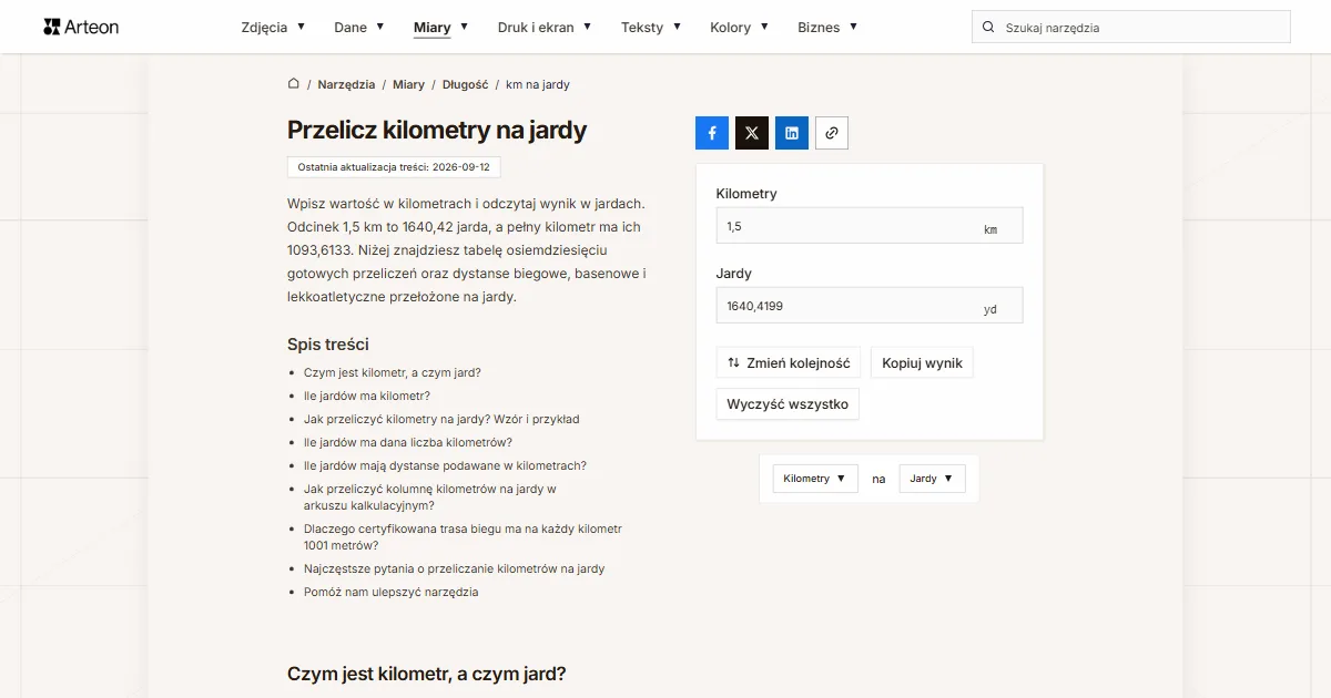 Zrzut ekranu darmowego narzędzia Arteon: Przelicz kilometry na jardy