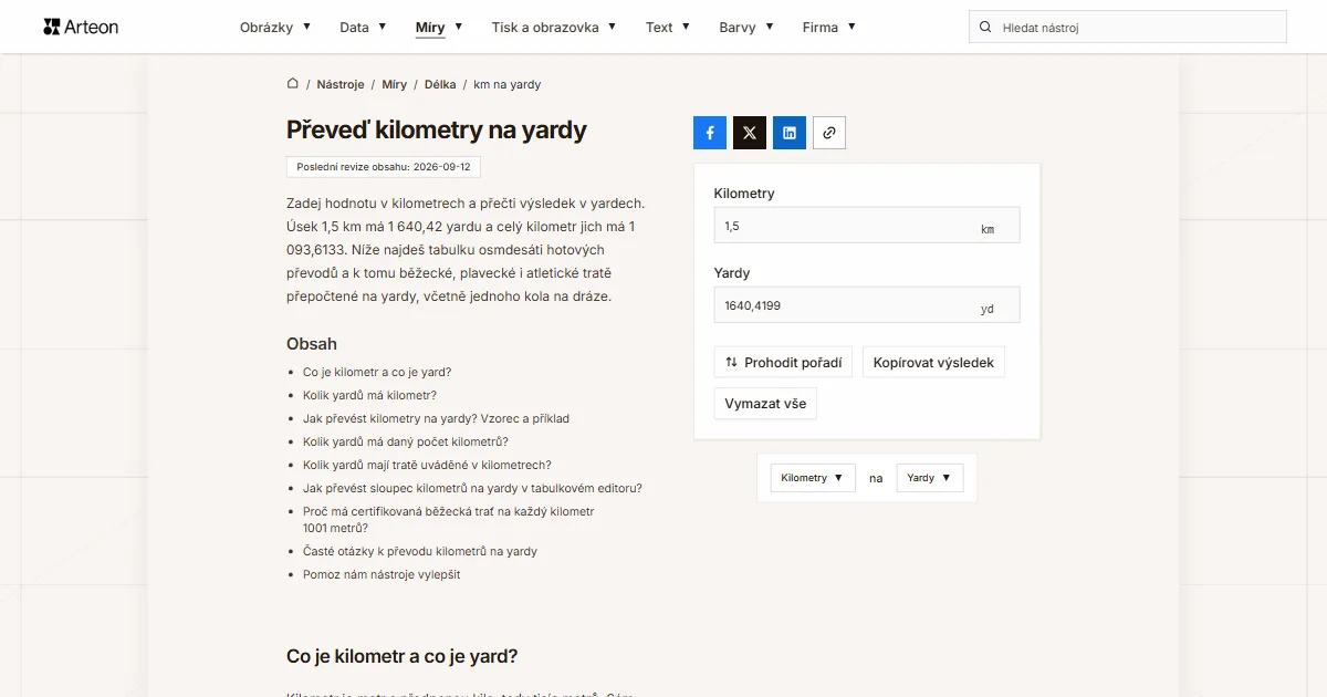 Snímek obrazovky bezplatného nástroje Arteon: Převeď kilometry na yardy