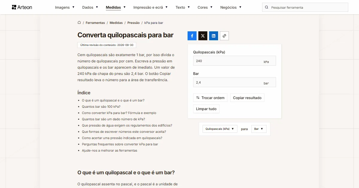 Captura de ecrã da ferramenta gratuita da Arteon: Converta quilopascais para bar