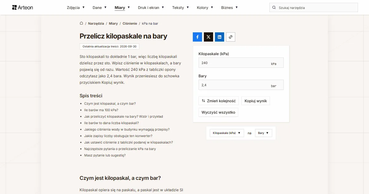 Zrzut ekranu darmowego narzędzia Arteon: Przelicz kilopaskale na bary