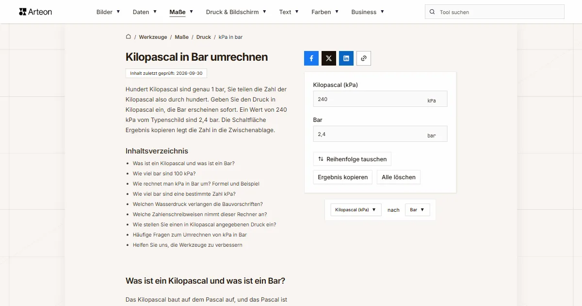 Screenshot des kostenlosen Arteon-Werkzeugs: Kilopascal in Bar umrechnen