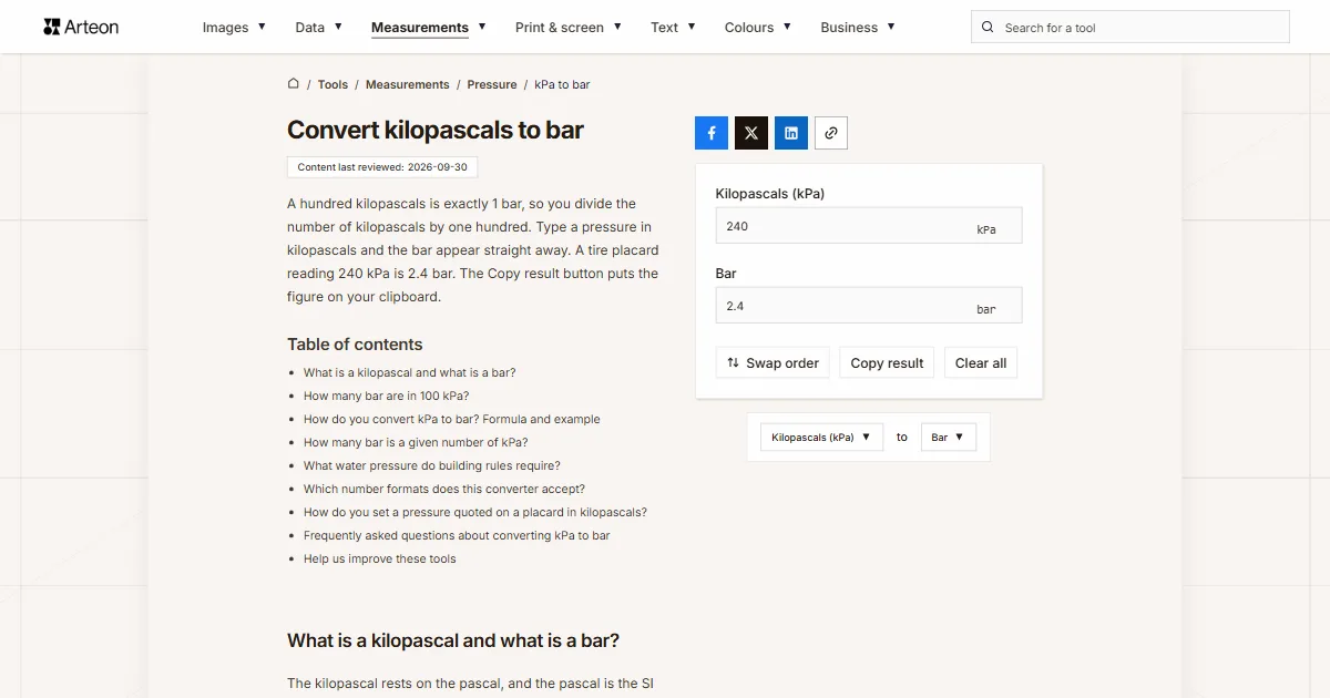 Arteon free tool screenshot: Convert kilopascals to bar