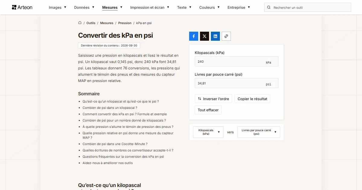 Capture d'écran de l'outil gratuit d'Arteon: Convertir des kPa en psi