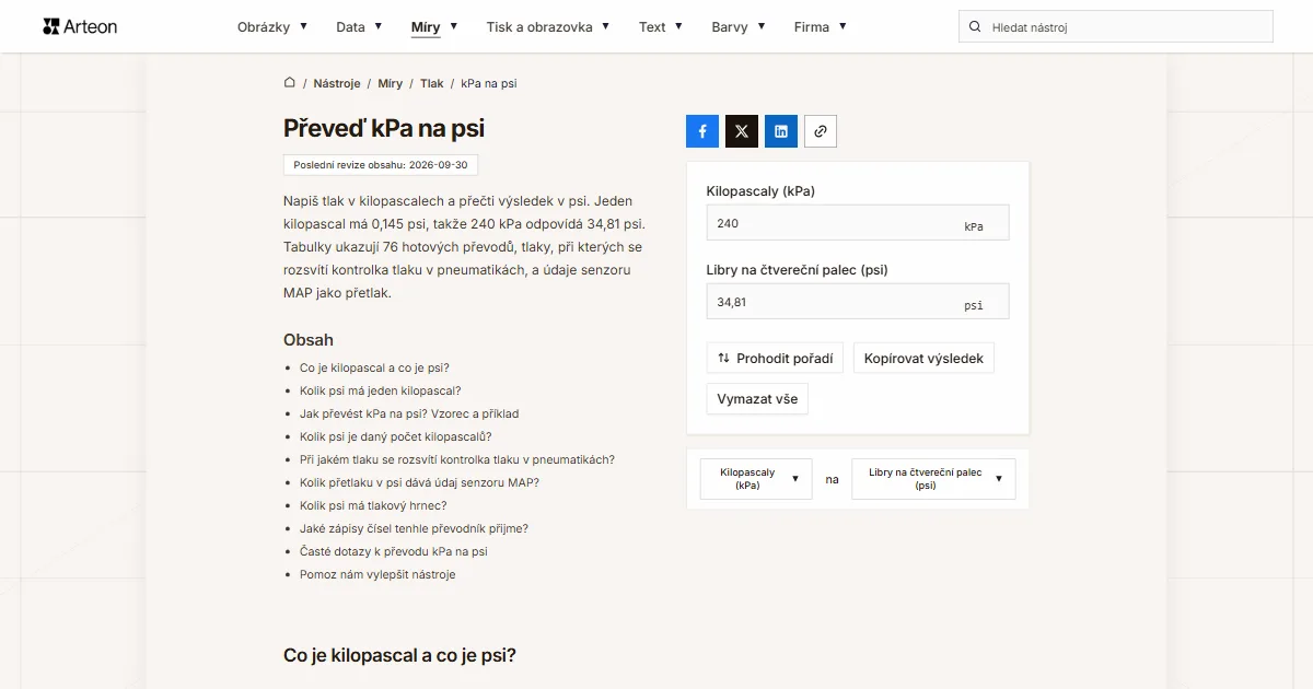 Snímek obrazovky bezplatného nástroje Arteon: Převeď kPa na psi