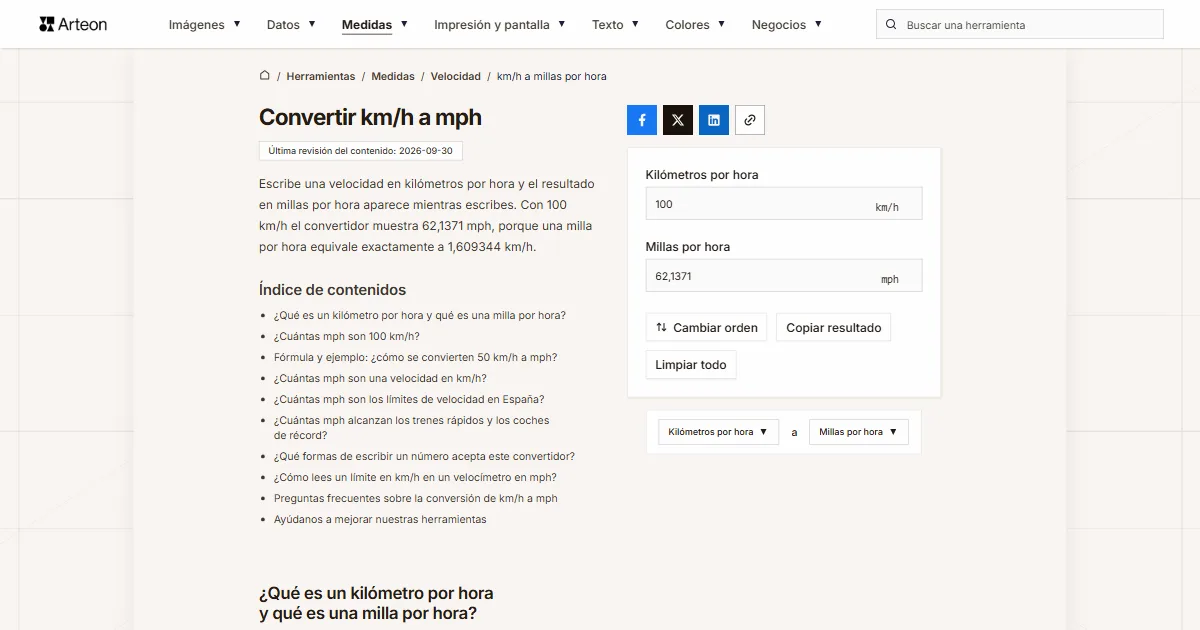 Captura de pantalla de la herramienta gratuita de Arteon: Convertir km/h a mph
