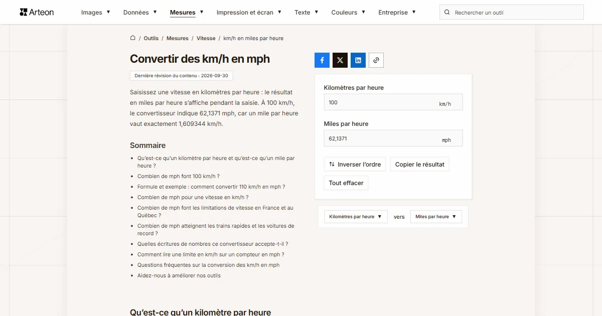 Capture d'écran de l'outil gratuit d'Arteon: Convertir des km/h en mph