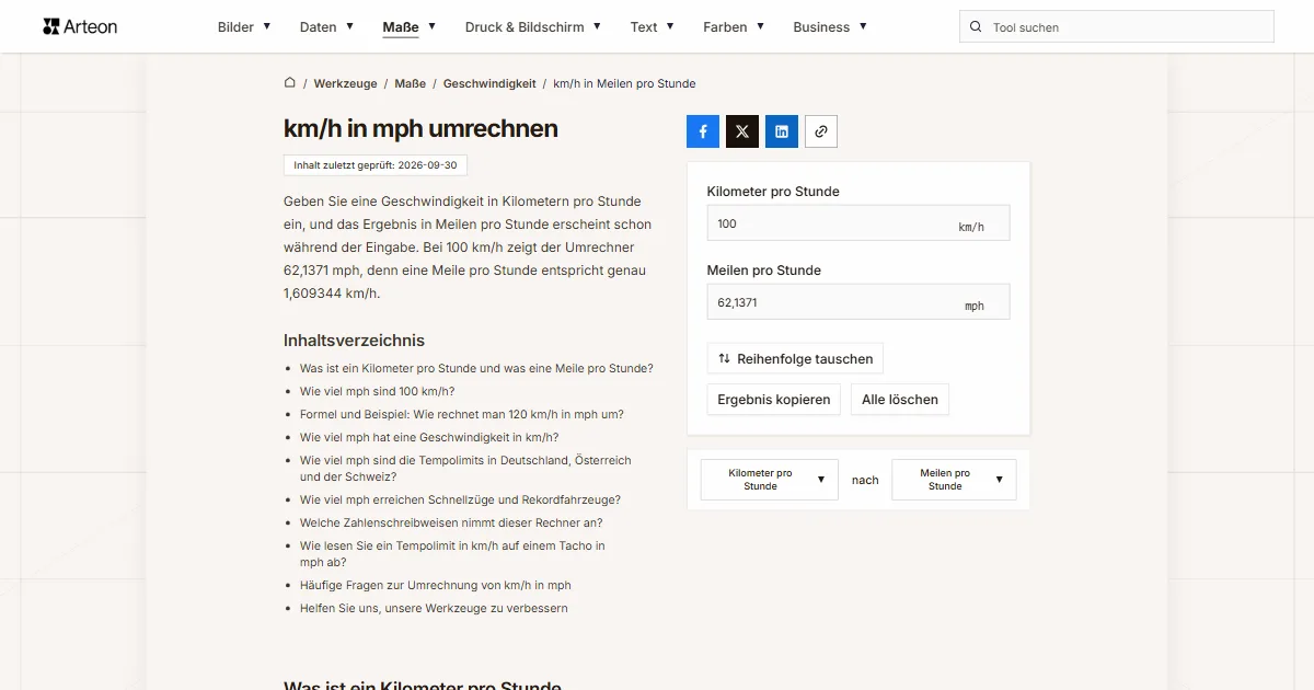 Screenshot des kostenlosen Arteon-Werkzeugs: km/h in mph umrechnen