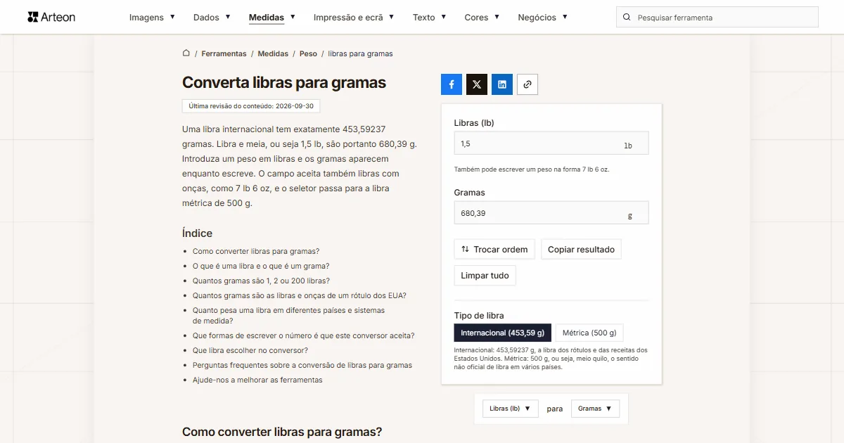 Captura de ecrã da ferramenta gratuita da Arteon: Converta libras para gramas