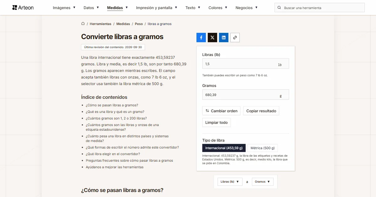 Captura de pantalla de la herramienta gratuita de Arteon: Convierte libras a gramos