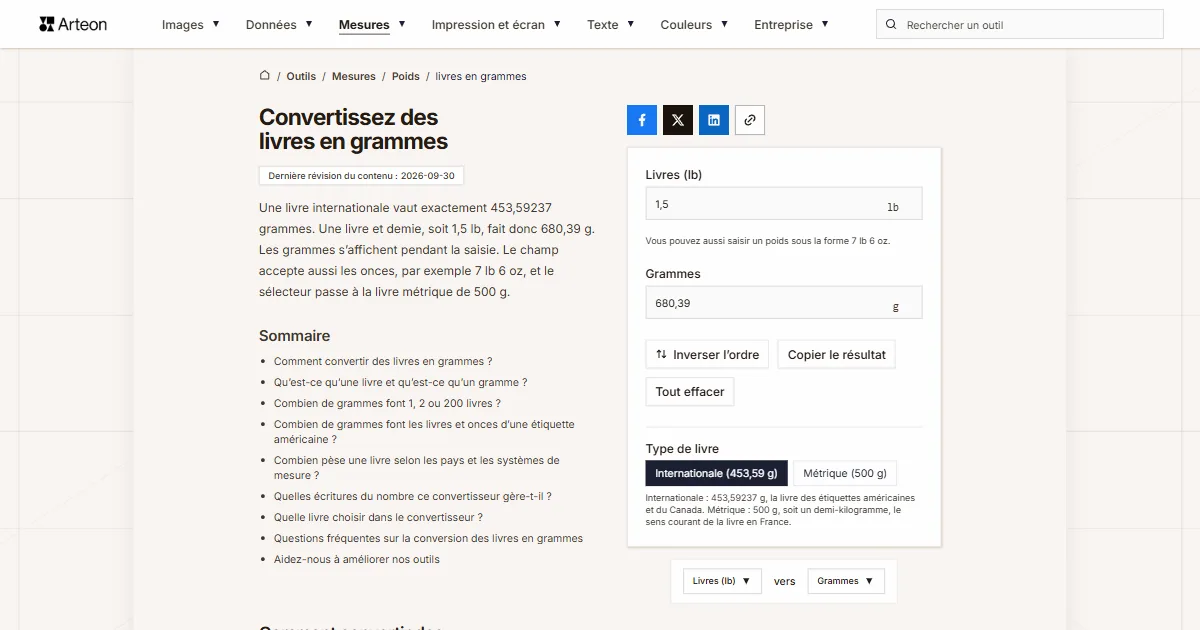 Capture d'écran de l'outil gratuit d'Arteon: Convertissez des livres en grammes