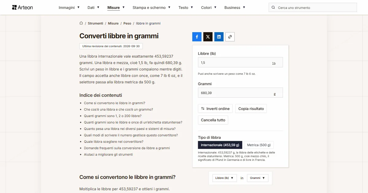 Screenshot dello strumento gratuito Arteon: Converti libbre in grammi