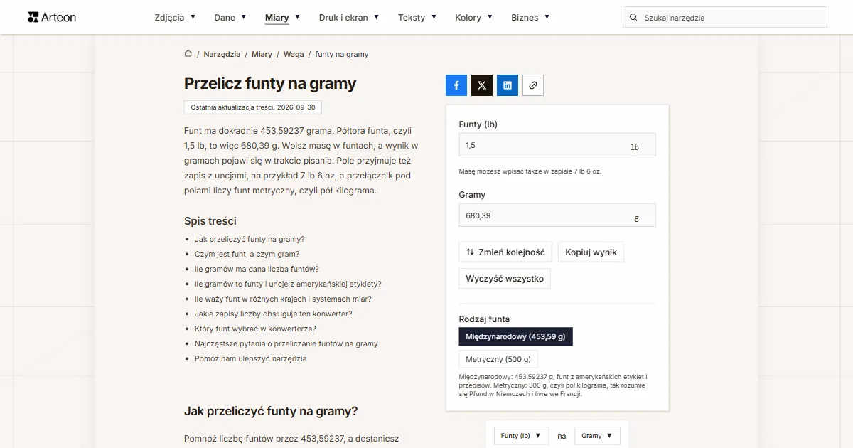 Zrzut ekranu darmowego narzędzia Arteon: Przelicz funty na gramy