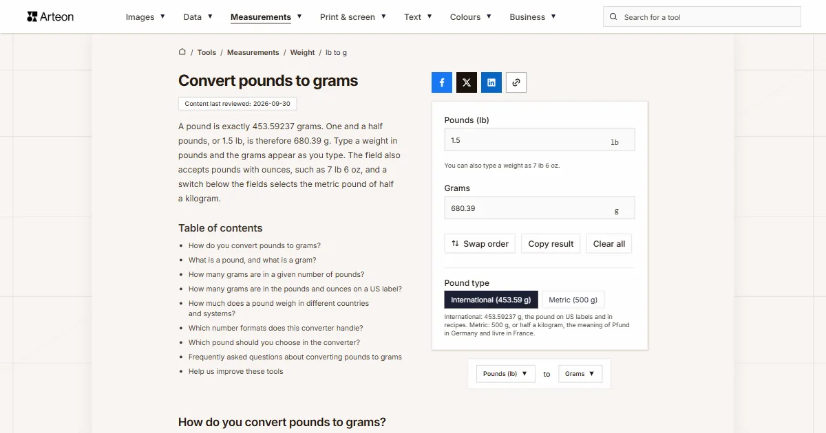 Arteon free tool screenshot: Convert pounds to grams