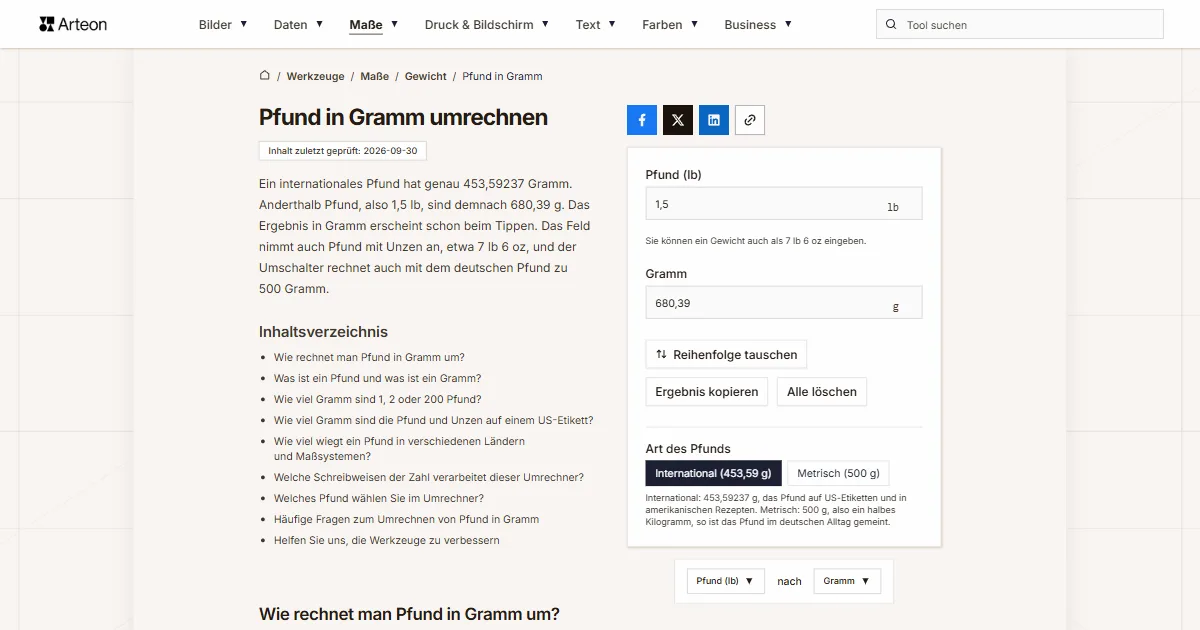 Screenshot des kostenlosen Arteon-Werkzeugs: Pfund in Gramm umrechnen